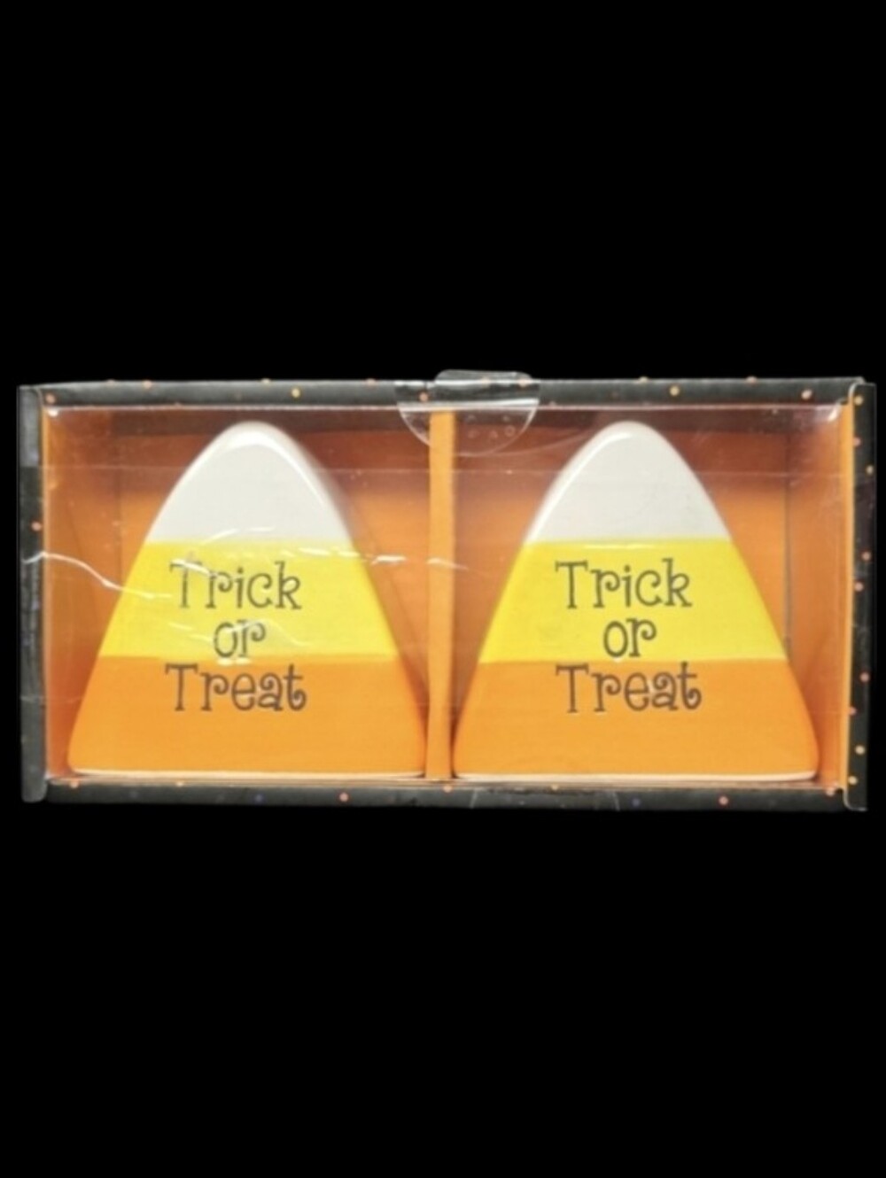 NIB Set Of 2 Ceramic "Trick Or Treat" Candy Corn Salt And Pepper Shakers